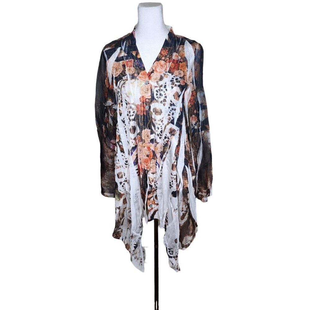Anis A Sheer Long Sleeve Flowy Top Floral Womens Size S Black Multi